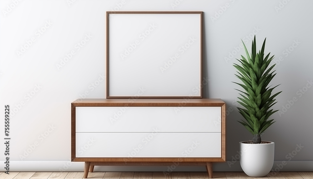 blank poster frame mockup on white wall with window with wooden chest of drawers and small green plant. blank poster frame mockup on white wall with window with wooden chest of drawers and small green plant.