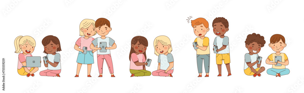 Kids with Mobile Gadget Use Electronic Devices Vector Set Kids with Mobile Gadget Use Electronic Devices Vector Set