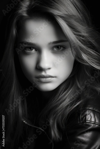 Moody and introspective black and white portrait of a young woman with a deep, contemplative expression. Created with generative A.I. technology
