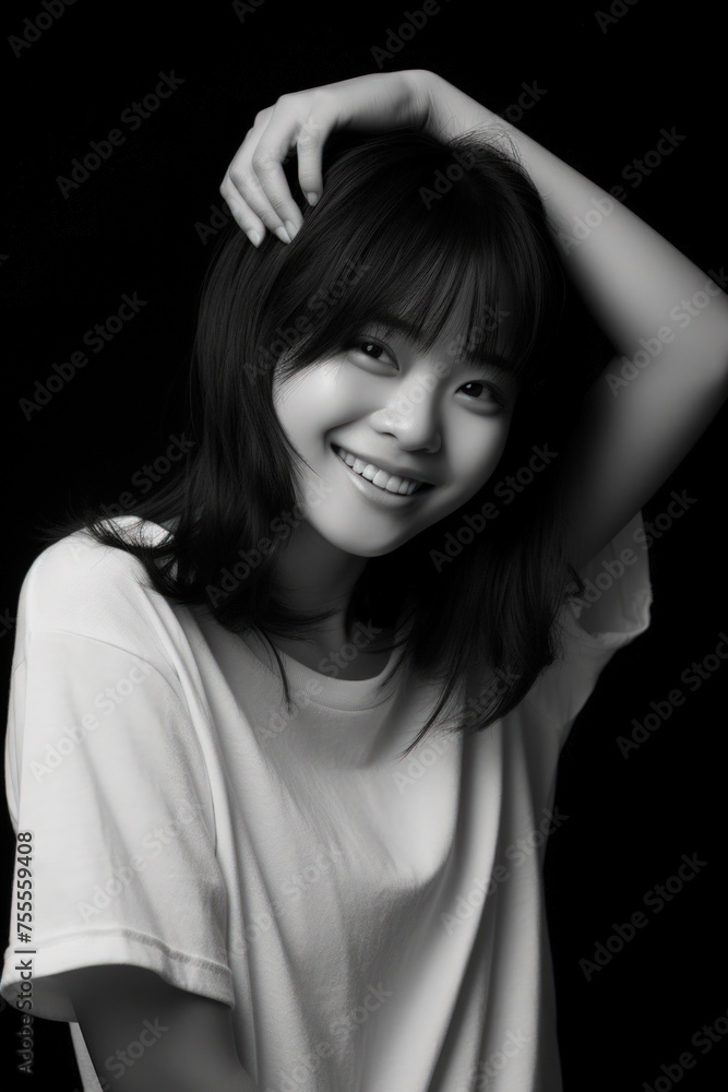 Classic black and white studio portrait capturing the joyful smile of a young woman with a modern approach. Created with generative A.I. technology Classic black and white studio portrait capturing the joyful smile of a young woman with a modern approach. Created with generative A.I. technology