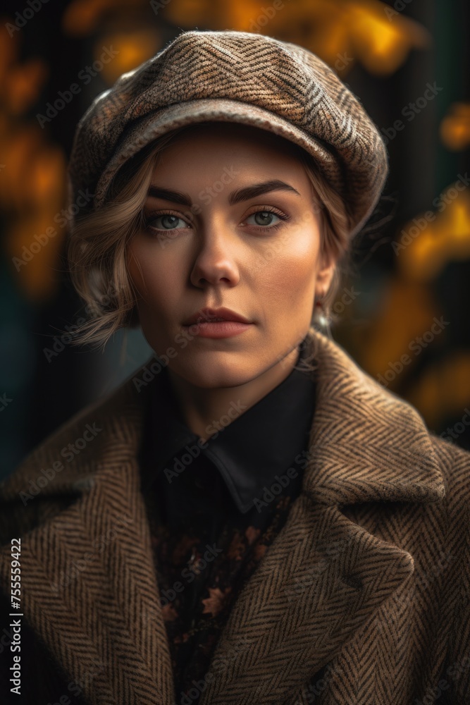 An autumn-themed portrait showing a fashionable woman with striking features wearing a classic tweed coat and cap. Created with generative A.I. technology An autumn-themed portrait showing a fashionable woman with striking features wearing a classic tweed coat and cap. Created with generative A.I. technology