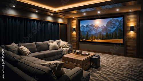 3d rendering interior of a living room with a view of the mountains