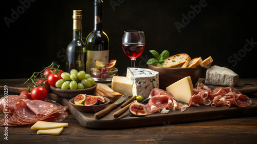 Italian antipasti wine snacks set. Cheese variety.