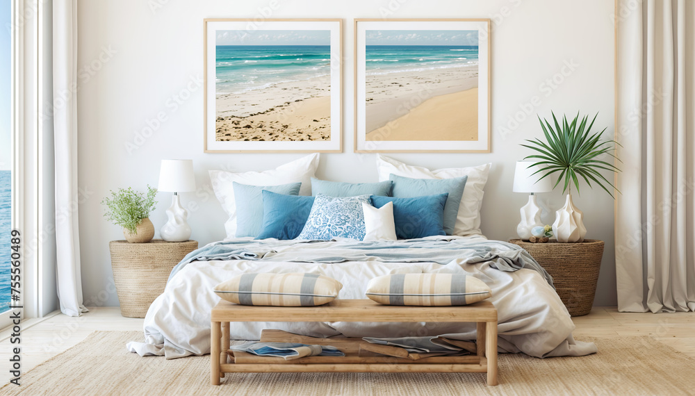 Fototapeta premium 3d rendering of a bedroom interior design with sea view and bed