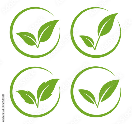 set of vegan signs, stamps with leaves, letter v, green branches and twigs