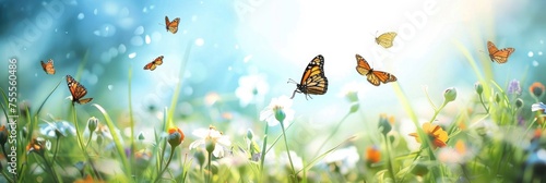 butterflies flying over a meadow with flowers on a sunny day banner