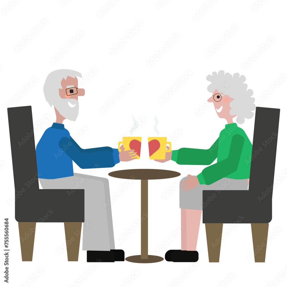 Illustration of a content elderly couple sharing a warm cup of tea, symbolizing enduring love and companionship in their golden years. Illustration of a content elderly couple sharing a warm cup of tea, symbolizing enduring love and companionship in their golden years.