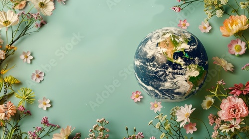 Globe among floral arrangement on pastel background, there is space for text, earth day