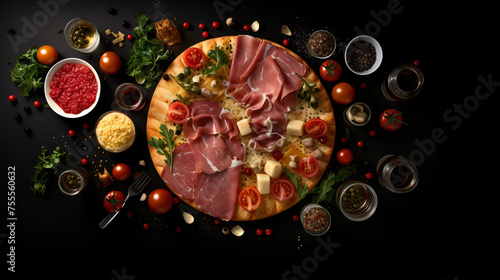 Italian food panorama. Pizza, pasta, cheese, ham c