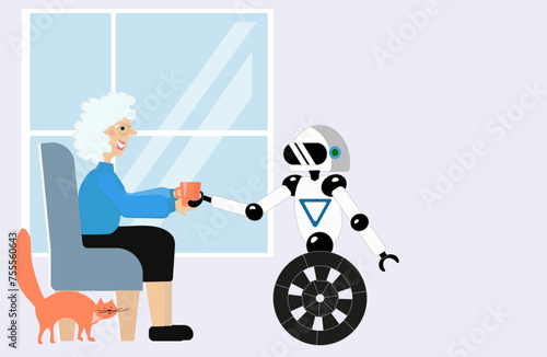 Futuristic illustration of a senior citizen receiving a cup of tea from a friendly assistance robot, showcasing the blend of technology and elderly care.