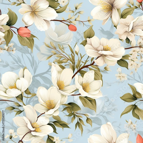 Sukura, cherry white flowers and leaves seamless pattern. Good background for wallpaper, packaging paper, design element, wrapping paper, design for fabric