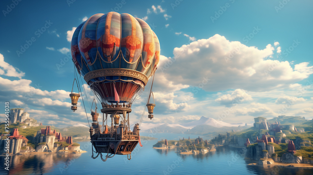 hot air balloon aerostat over the river surreal mixed media artwork cartoon wallpaper