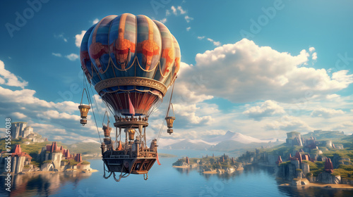 hot air balloon aerostat over the river surreal mixed media artwork cartoon wallpaper photo