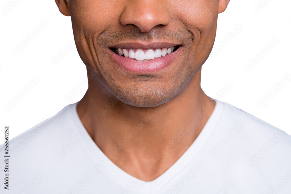 Obraz premium Close-up cropped portrait of nice handsome attractive cheerful cheery well-groomed guy wearing white shirt beaming shine teeth isolated over gray violet purple pastel background