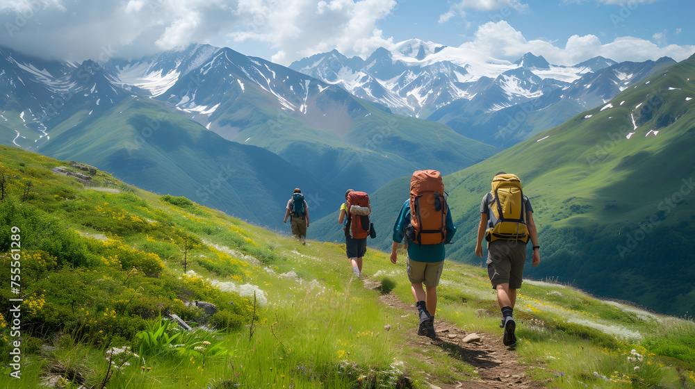 Hikers traversing scenic mountain trails background