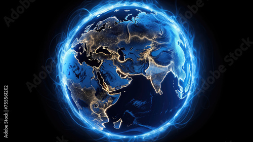 A digital rendering of Earth enveloped in a glowing blue energy field against the vastness of space, symbolizing global connectivity and technology.