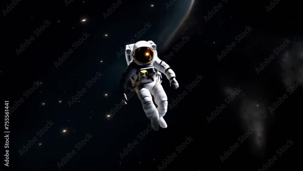 Full portrait of Caucasian female astronaut during spacewalk, space background Full portrait of Caucasian female astronaut during spacewalk, space background