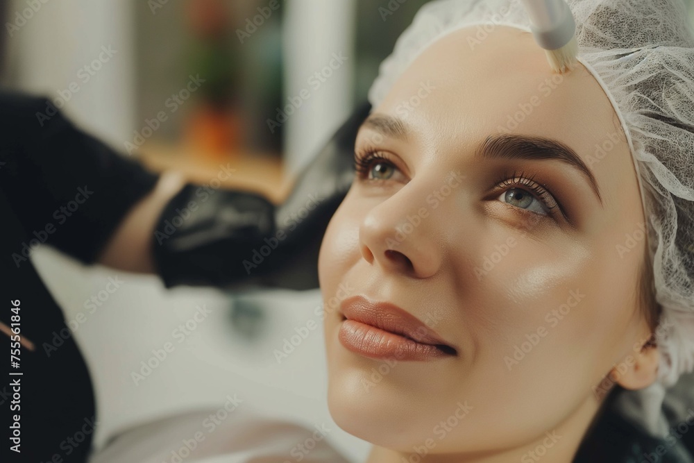 concept of beauty salon and permanent make-up, beautiful Woman at cosmetology cabinet getting permanent makeup concept of beauty salon and permanent make-up, beautiful Woman at cosmetology cabinet getting permanent makeup