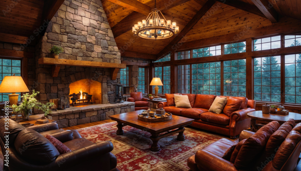 Interior of a cozy house with fireplace and sofas.