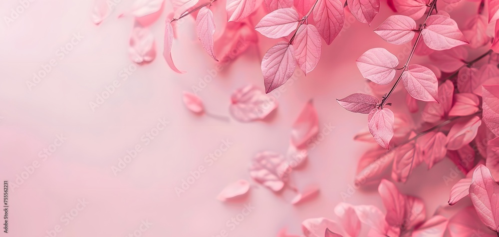 Pink flower flat lay againts pink background with copy space, mockup, top view.