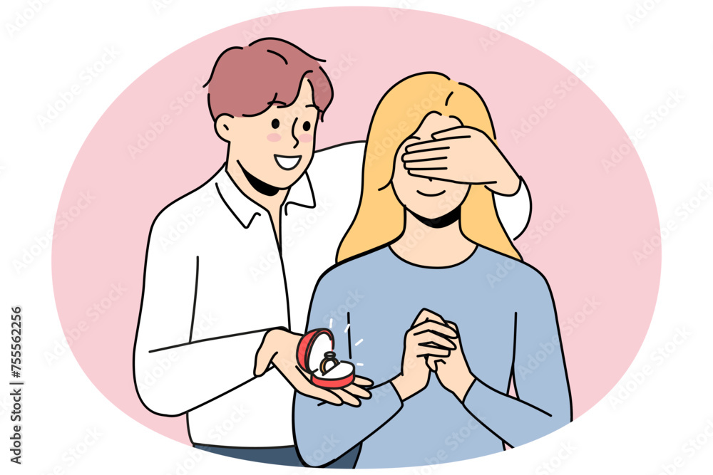 Loving man close excited woman eyes make marriage proposal. Smiling guy surprise girl with engagement ring. Weeding and relationship. Vector illustration. Loving man close excited woman eyes make marriage proposal. Smiling guy surprise girl with engagement ring. Weeding and relationship. Vector illustration.