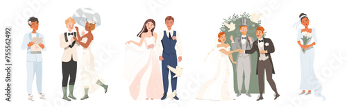 Wedding Couples with Man and Woman Bride and Groom Vector Set
