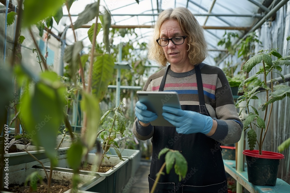 Flower care harvesting. Female research technician studying with tablet and gloves, greenhouse Flower care harvesting. Female research technician studying with tablet and gloves, greenhouse