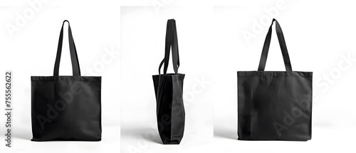 Mock up from the side and front of black tote bag cotton mockup on white background.