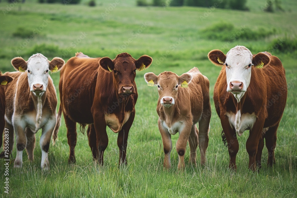 Fototapeta premium group of cows on a farm on a green field