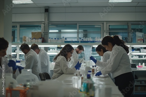 group of scientists working in laboratory  scientists conducting research investigations in a medical laboratory