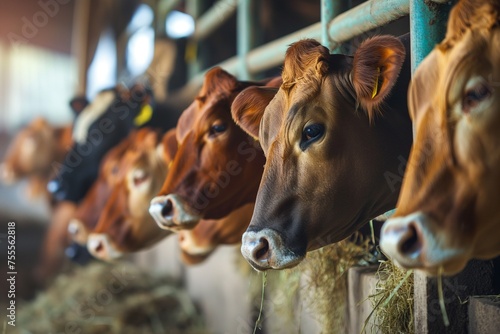 Cows stuck in a stall eating hay, group of cows in a barn