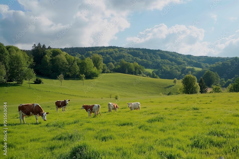 group of cows on a farm on a green field