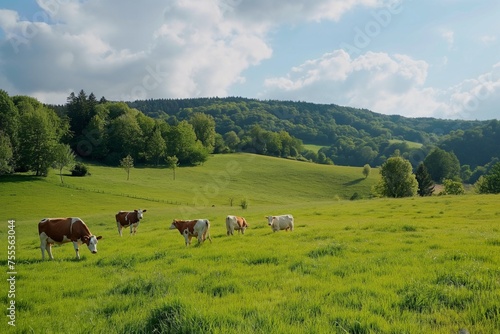 group of cows on a farm on a green field © mirifadapt