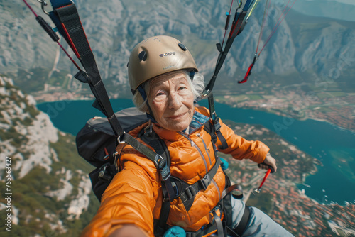 Vibrant Retired Woman Paragliding View.,Active elder people, Adventure
