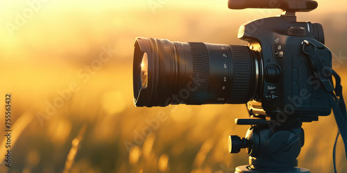 Professional camera on a tripod capturing the golden hour in a serene field, symbolizing the art of photography.