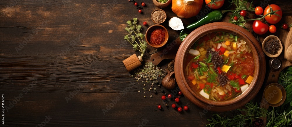 A top-down view of a rustic wooden table with a wooden bowl filled with steaming vegetable soup, showcasing ingredients like carrots, celery, and potatoes. A top-down view of a rustic wooden table with a wooden bowl filled with steaming vegetable soup, showcasing ingredients like carrots, celery, and potatoes.