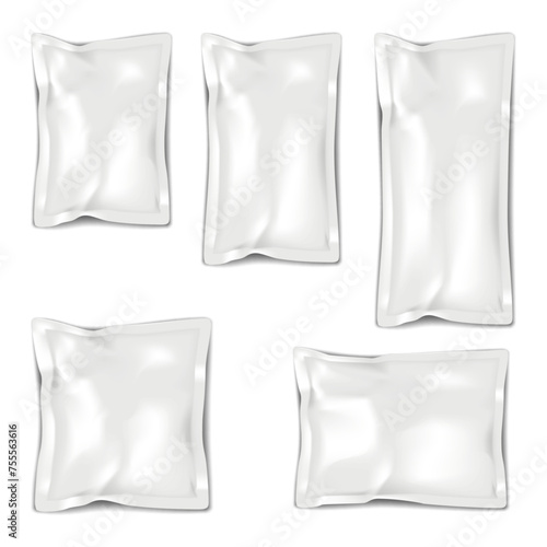 Blank white crumpled sachet packet. Vector mockup set. Plastic, paper or foil pouch bag mock-up kit. Food, medical or cosmetic product individual package template