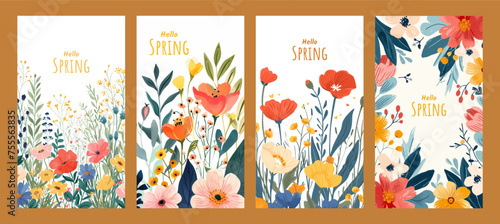 Hello spring seasonal banners collection with beautiful colorful flowers