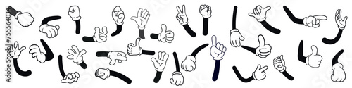Cartoon hands in gloves. Funny retro mascot hand gestures and comic vintage arm character in expression poses. Palm and finger action.
