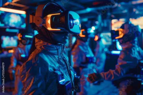 An arcade showing gamers wearing VR headsets and motion suits.