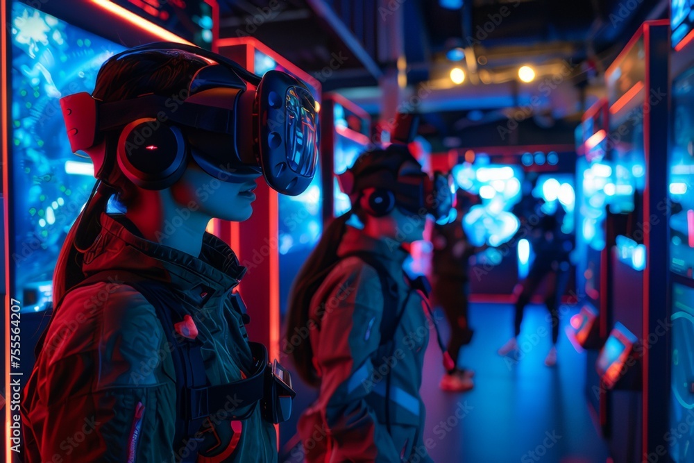 An arcade showing gamers wearing VR headsets and motion suits. An arcade showing gamers wearing VR headsets and motion suits.