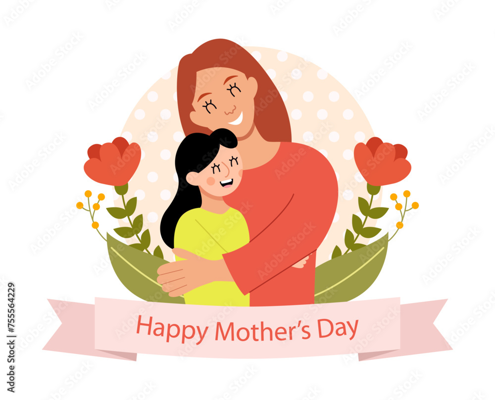 Mother Hugs Her Daughter. Vector Illustration Happy Mother`s Day Greeting Card.
