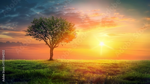 Solitary tree against a vibrant sunset  an Earth Day reminder of nature s enduring beauty