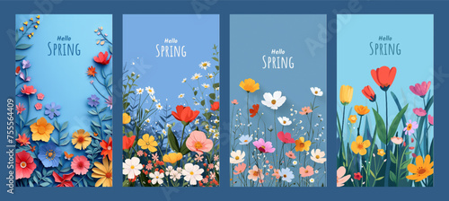 Hello spring seasonal banners collection with beautiful colorful flowers