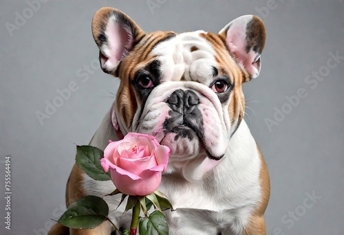 Cute bulldog dog with a rose flower on a gray background