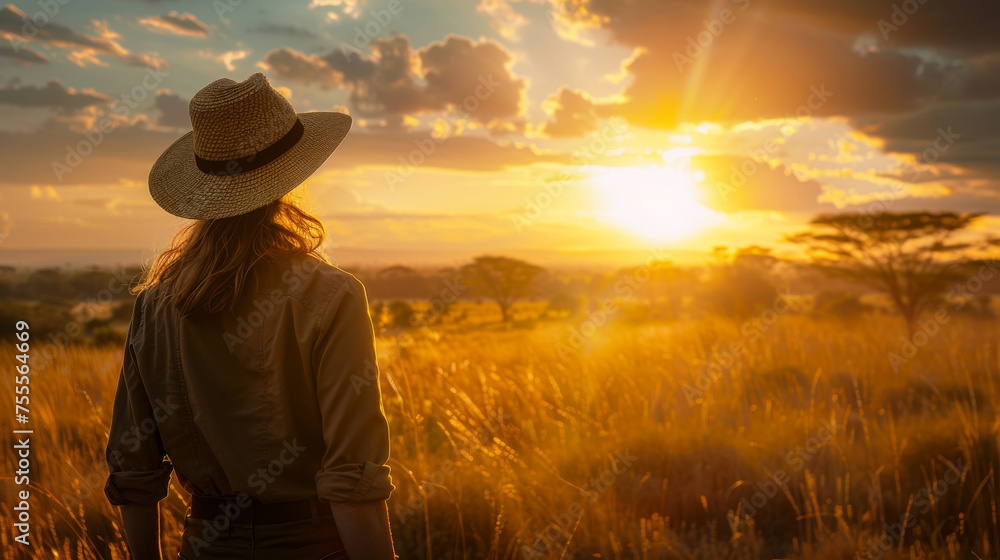Woman looking at sunset over savannah during her safari holidays in Africa with copy space