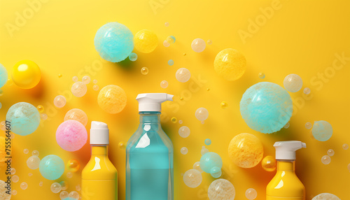 cleaning products in pastel colors on a yellow background, top view. 