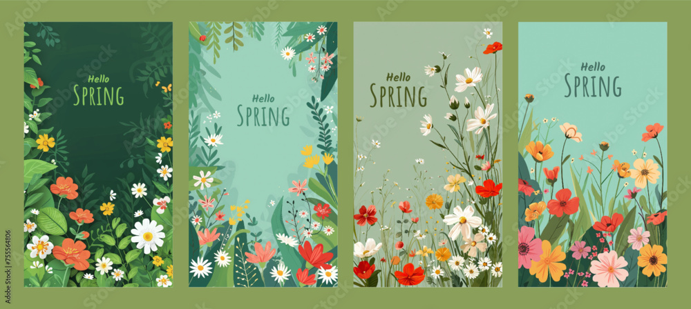 Hello spring seasonal banners collection with beautiful colorful flowers