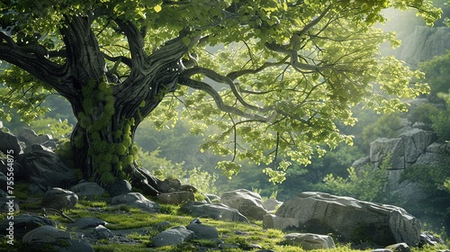 Lush Tree With Green Leaves and Rocks generative ai