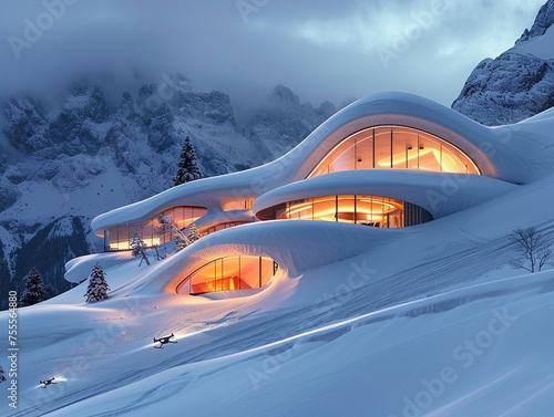 Futuristic mountain lodge holographic fireplaces